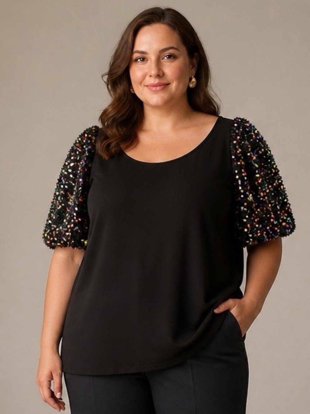 Grace + Emma 3XL Black Rainbow Sequin Puff Sleeve Top NWT